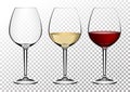 Set transparent vector wine glasses empty, with white and red wine. Vector illustration in photorealistic style. Royalty Free Stock Photo