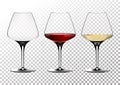 Set transparent vector wine glasses empty, with white and red wine. Vector illustration in photorealistic style. Royalty Free Stock Photo