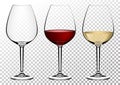 Set transparent vector wine glasses empty, with white and red wine. Vector illustration in photorealistic style.