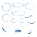 Set of transparent water splashes, circles, whirlpools, drops and crown from falling into the water in light blue colors Royalty Free Stock Photo