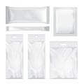 Set of transparent and white blank foil bag packaging for food, snack, coffee, cocoa, sweets, crackers, chips, nuts