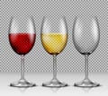 Set transparent wine glasses empty, with white and red wine