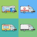 Set of transport icons. Camper, ambulance, food truck and cargo truck.