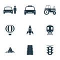 Set transport icons collection in flat design. City transport, vihecles, auto, air baloon, rocket for web design Royalty Free Stock Photo