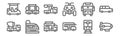 Set of 12 transport icons. outline thin line icons such as zeppelin, bus, train, truck, crane, tank wagon Royalty Free Stock Photo