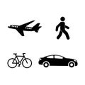 Transportation monochrome simple icon set with. Airplane, car, person walking, bicycle. Bundle vector design. Royalty Free Stock Photo