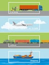 Set of transportation banners. Logistics and delivery concept illustration. Air, trucks, railway and ship transport