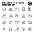 Set of Transportation outline icons. Contains icons as Delivery man, Search flight and Lighthouse elements. Vector