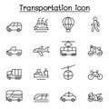 Set of Transportation related vector line icons. contains such Icons as airplane, bus, truck, lorry, scooter, motorcycle, walking