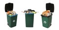 Set of trash bins with garbage on background. Waste management and recycling Royalty Free Stock Photo