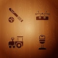 Set Trash can, Baseball bat with ball, Toy train and Seesaw on wooden background. Vector