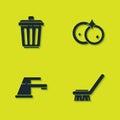 Set Trash can, Brush for cleaning, Water tap and Washing dishes icon. Vector Royalty Free Stock Photo