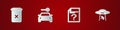 Set Trash can, Car rental, Unknown document and UFO abducts cow icon. Vector