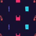Set Trash can, Disposable plastic knife, Plastic bag and Stop pollution on seamless pattern. Vector Royalty Free Stock Photo