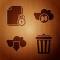 Set Trash can, Document and lock, Cloud download and Cloud download and upload on wooden background. Vector