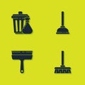 Set Trash can and garbage bag, Handle broom, Rubber cleaner for windows and plunger icon. Vector