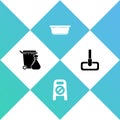 Set Trash can and garbage bag, Wet floor cleaning in progress, Plastic basin and Mop icon. Vector Royalty Free Stock Photo