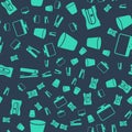 Set Trash can, Pencil sharpener, Office stapler and Computer monitor screen on seamless pattern. Vector