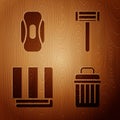 Set Trash can, Sanitary napkin, Towel stack and Shaving razor on wooden background. Vector
