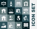 Set Trash can, Search for money, Searching food, Bench, Donation, Shelter homeless, and Work search icon. Vector