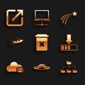 Set Trash can, UFO flying spaceship, Folder tree, Loading, Cloud mail server and and alien icon. Vector