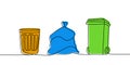 Set of trash one line colored continuous drawing. Rubbish, garbage, trash can, garbage bag, recycle bin continuous one Royalty Free Stock Photo