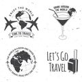 Set of travel badge, logo Travel inspiration quotes with globe, airplane, suitcase and cocktail silhouette. Vector Royalty Free Stock Photo