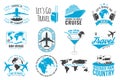 Set of travel badge, logo Travel inspiration quotes with globe, airplane, suitcase and cocktail silhouette. Vector Royalty Free Stock Photo