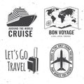 Set of travel badge, logo Travel inspiration quotes with globe, airplane, suitcase and cruise ship silhouette. Vector Royalty Free Stock Photo