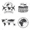 Set of travel badge, logo. Travel inspiration quotes with motorhome, caravan car, airplane, globe silhouette Vector Royalty Free Stock Photo