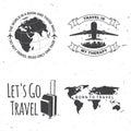 Set of travel badge, logo. Travel inspiration quotes with suitcase, airplane, globe silhouette Vector illustration