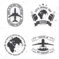 Set of travel badge, logo. Travel inspiration quotes with suitcase, airplane, globe silhouette Vector illustration