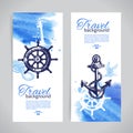 Set of travel banners. Sea nautical design. Hand drawn sketch and watercolor illustrations