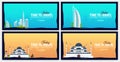 Set of travel banners to Dubai and Turkey. Time to Travel. Journey, trip and vacation. Vector flat illustration. Royalty Free Stock Photo