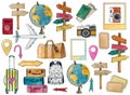 Set of travel elements with airplane, globe, signpost, geo, passport, bags, tickets, cameras, arrows.