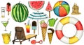 Set of travel  hand drawn watercolor elements with umbrella, watermelon, ice cream, ball, lifebuoy, chaise-longue, bucket, cocktai Royalty Free Stock Photo