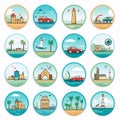 Set of travel icons in flat style. Vector illustration with lighthouse, car, beach, palm trees, car, ship, sea Royalty Free Stock Photo
