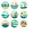 Set of travel icons in flat style. Vector illustration with sea, ship, lighthouse, lighthouse and other elements Royalty Free Stock Photo