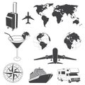 Set of travel icons silhouette Travel elements include globe, airplane, suitcase, cocktail, map, earth, motorhome