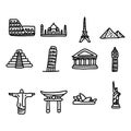 set of travel landmarks around the world icon set vector illustration sketch hand drawn with black lines, isolated on white