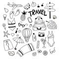 Set of travel objekts in doodle style. Hand drawn trip elements. Black and white vector clipart Royalty Free Stock Photo