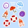 Set of travel stickers, pins, patches and handwritten collection in cartoon style. Funny greetings for clothes, card, badge, icon Royalty Free Stock Photo