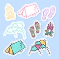 Set of travel stickers, pins, patches and handwritten collection in cartoon style. Funny greetings for clothes, card, badge, icon Royalty Free Stock Photo