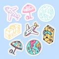 Set of travel stickers, pins, patches and handwritten collection in cartoon style. Funny greetings for clothes, card, badge, icon Royalty Free Stock Photo