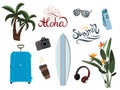 Set of travel stuff vector illustration. Collection of vacation or travel items decorated with tropical leaves and