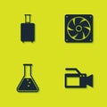 Set Travel suitcase, Cinema camera, Test tube and flask and Computer cooler icon. Vector