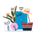 Set of travel things for women decorated with strelitzia Vector illustration. Suitcase, beach bag, bottle, water flask Royalty Free Stock Photo