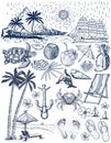 Set of Travel, Tourism and Summer Beach. Hand drawing set of vector sketches. Sketch summer symbols. Summer vacation