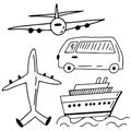 Set of travel vehicles in doodle style. Elements are isolated on a white background. Yacht, bus, airplanes. Stock vector