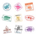 Set of travel visa stamps for passports. Abstract international and immigration office stamps. Arrival and departure customs visa Royalty Free Stock Photo